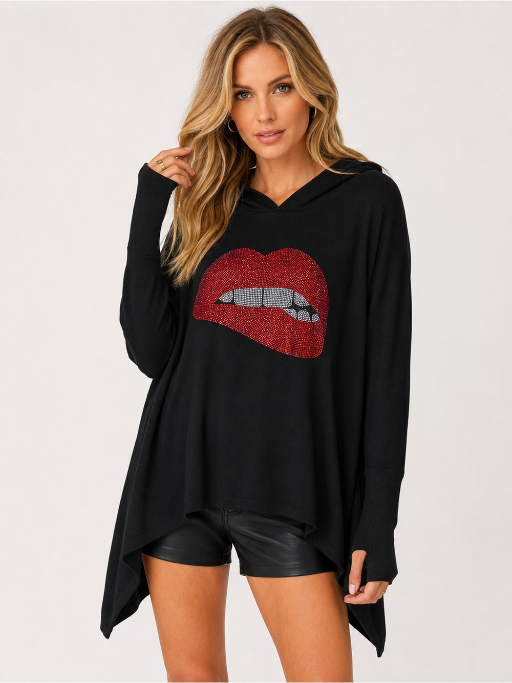 LAUREN MOSHI Crystal Biting Lip Hooded Poncho Top Black XS/S Oversized
